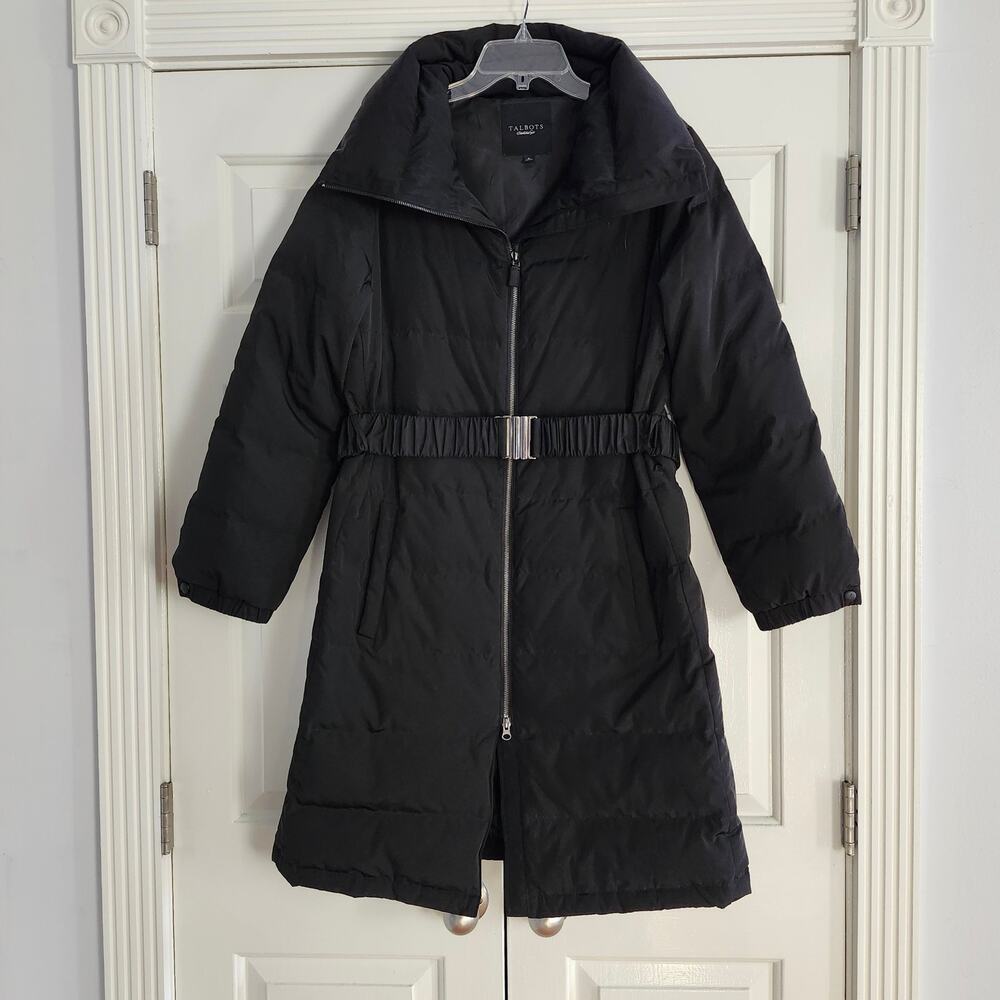 Talbots black high neck duck down long puffer jacket with belt sz M